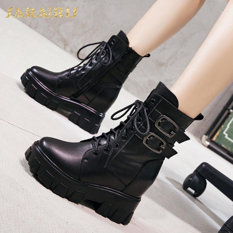 

Sarairis Fashion New 2020 Genuine Cow Leather Comfortable Shoes Woman Boots Buckle Increasing Heels Platform Ankle Boots1, Black