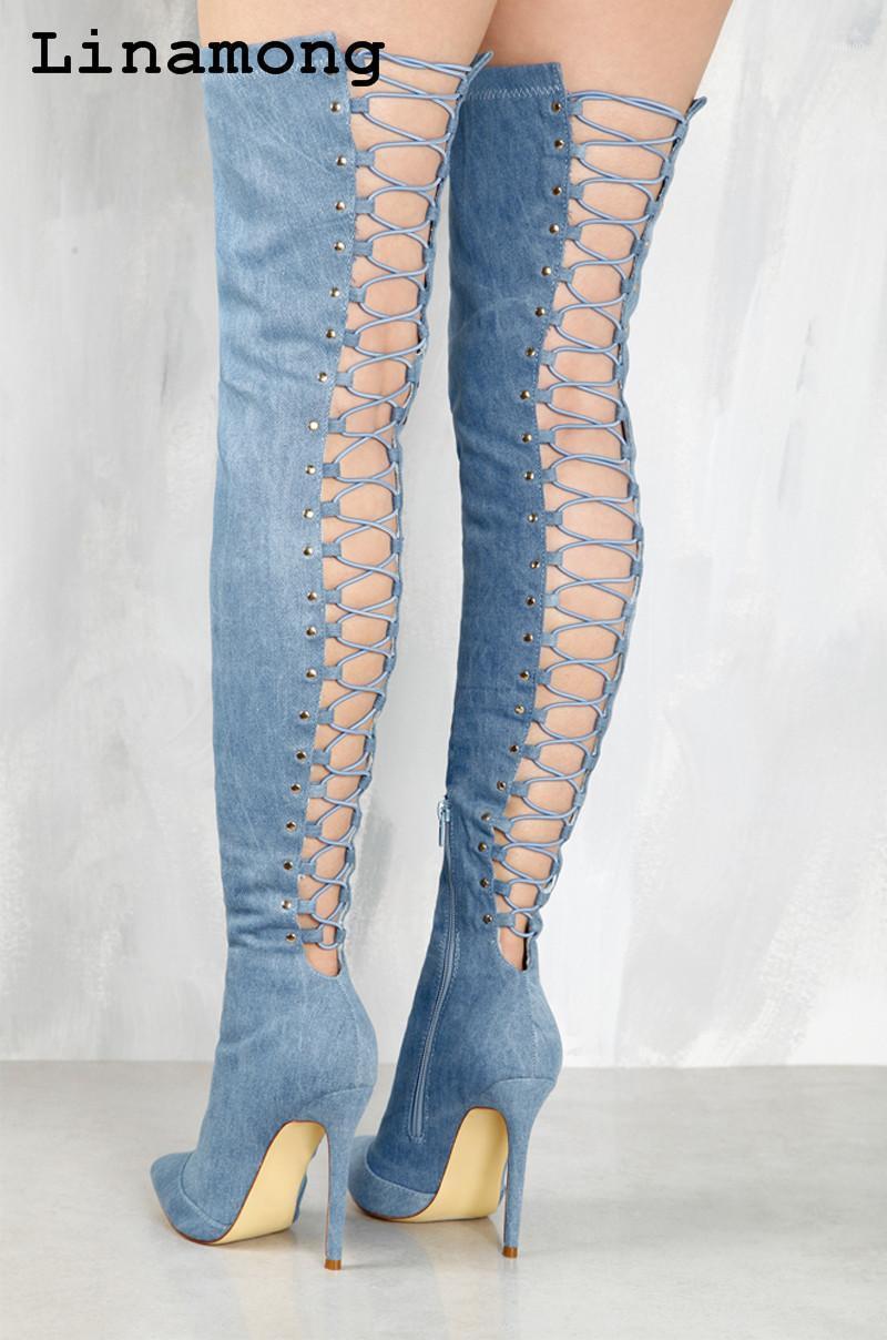 

Women Sexy pointed toe cross-tied wth hollow cowboy over-the-knee zipped Rivet decoration Slim Long High Heel Boots1, As pic