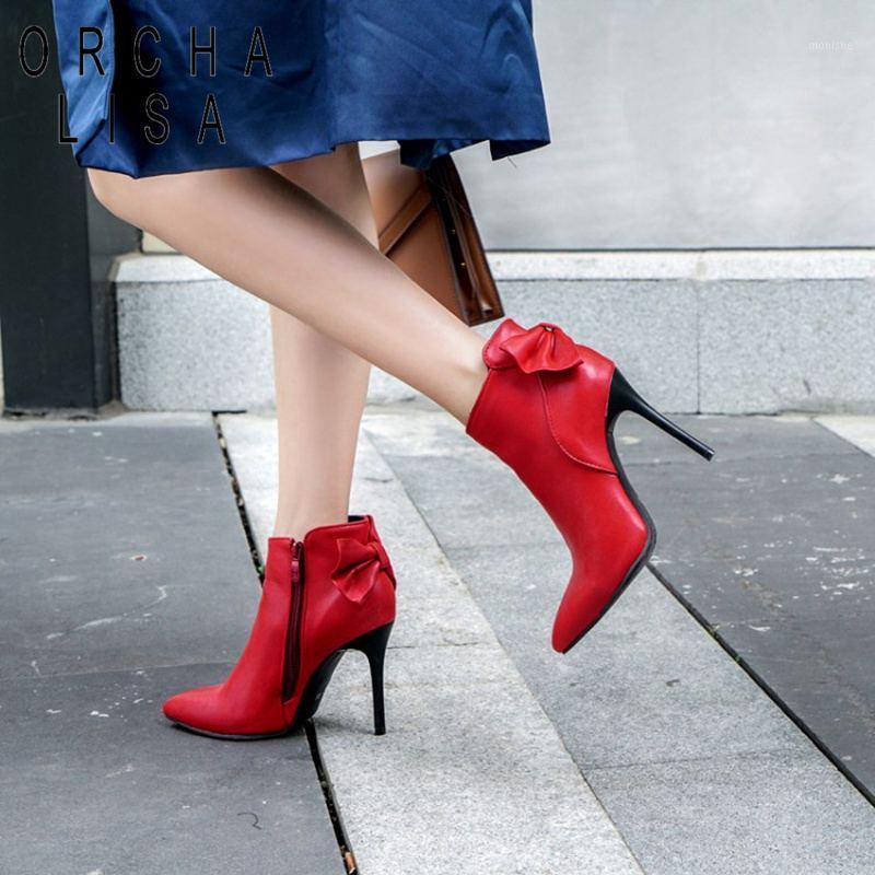 

ORCHA LISA Sexy 10cm slim heel boots pointed toe ankle boots white black red big size 44 46 bottine femme high leather shoes1, Black velvet inside