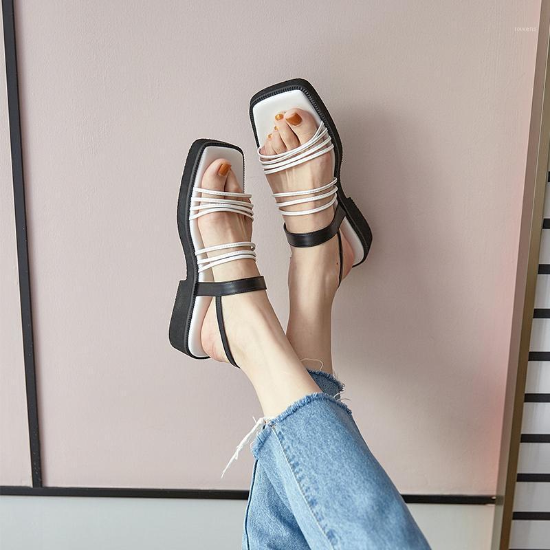 

2020 summer leather square head retro color matching middle-heel sandals thick-soled muffin casual wild sandals Z8641, Lavender