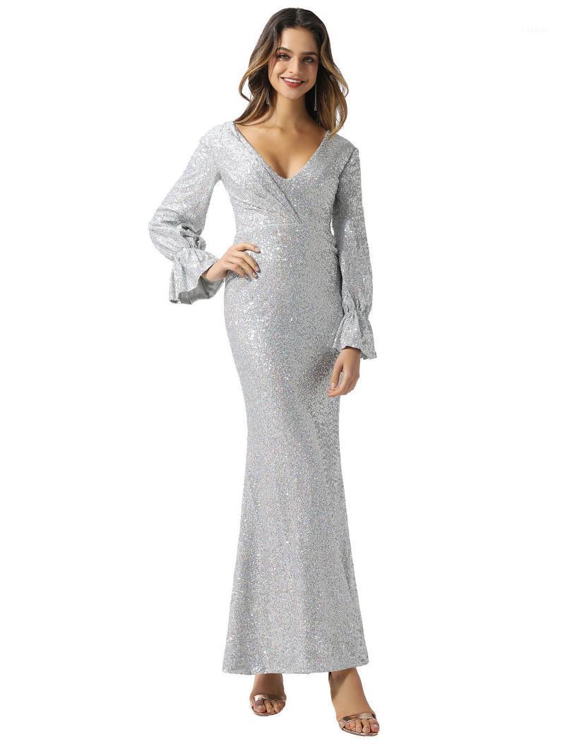 

Dressv silver v neck prom dress long sleeves sequins sheath floor length zipper up evening party gown prom dresses1