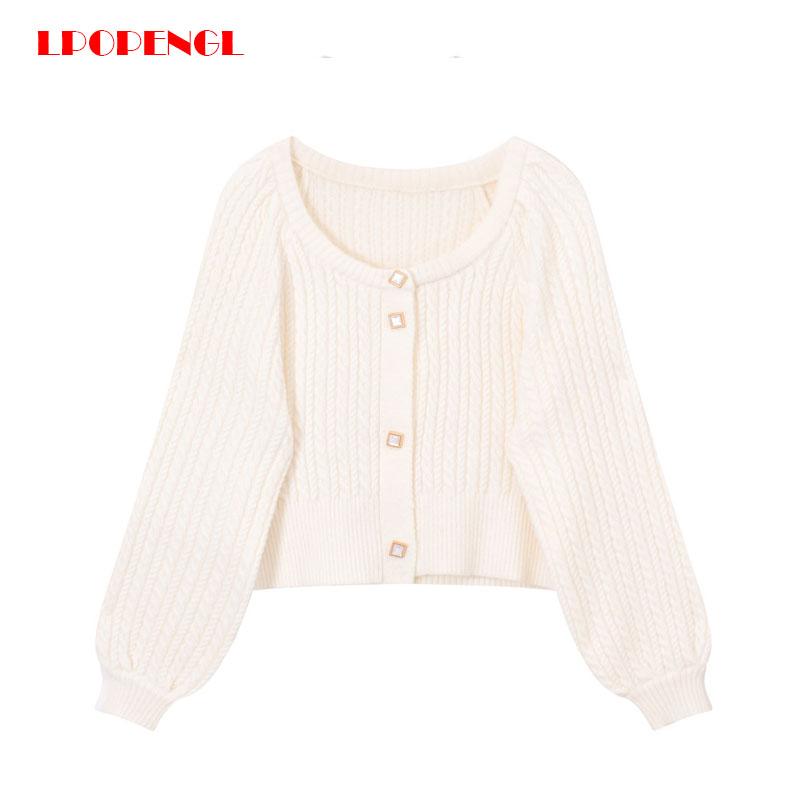 

Sweater cardigan button women's fashion loose 2020 spring and autumn short knit sweater top women long sleeve round neck, Beige