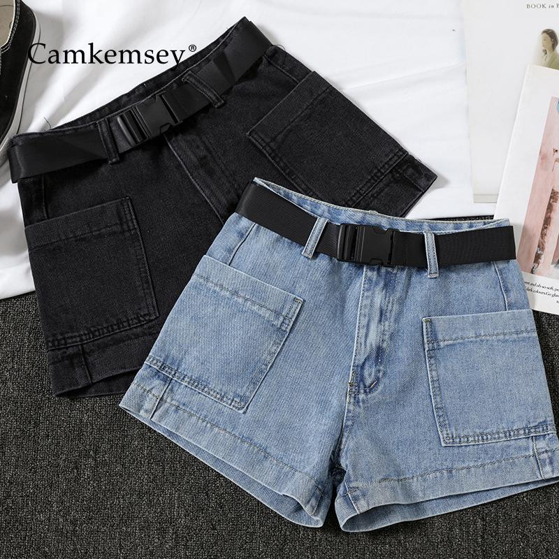 

CamKemsey Summer Basic Denim Shorts Women 2021 Korean Solid Leisure Big Pockets Casual High Waist Cotton Denim Shorts, Black