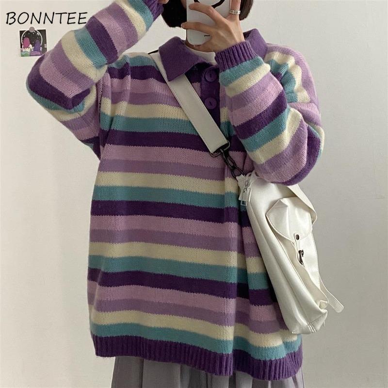 

Women Pullovers Autumn Knitted Striped Sweet Thicken Turn Down Collar College Style Oversize High Street Chic Casual Sweaters, Purple