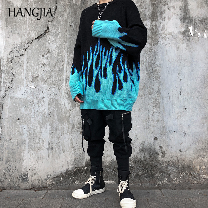 

Flame Sweater for Men Women Harajuku Lazy Pullovers Sweaters Autumn and Winter Hip Hop Oversized Knitting Pullover Top 200929, Black