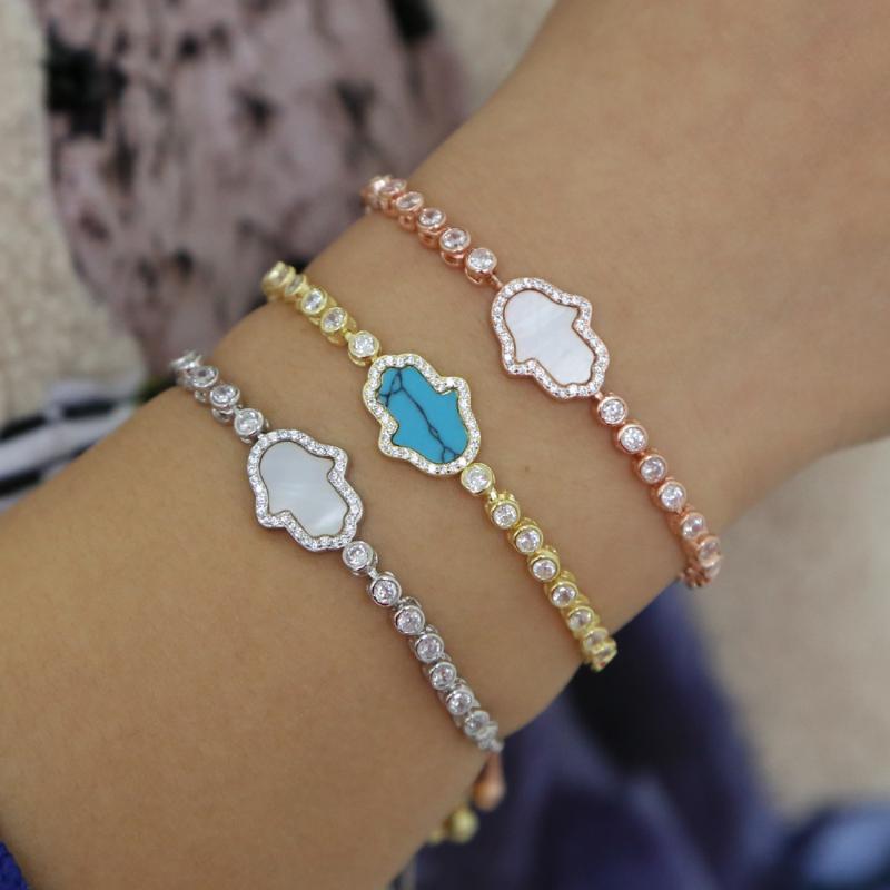 

Bohemia Boho Hamsa hand CHARM Fatima's hand bezel cz tennis chain adjustable fashion women girl bracelet bangle fashion
