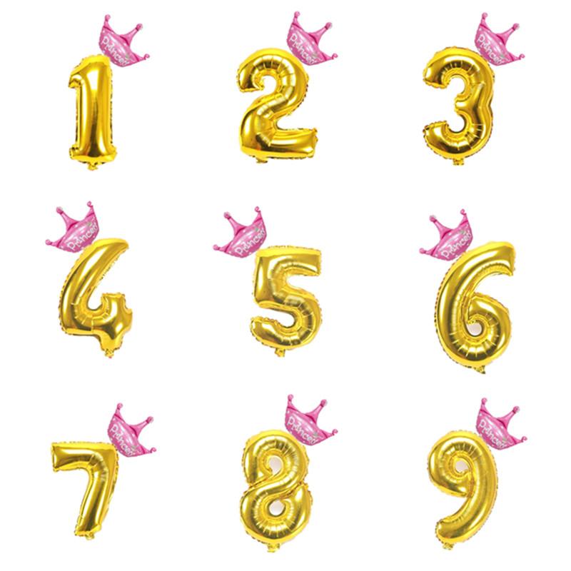 

32 Inch Crown Gold Number Helium Foil Balloons 1 2 3 4 5 6 7 8 9 Years Old Baby Boys Girls Birthday Party Decoration Air Balloon