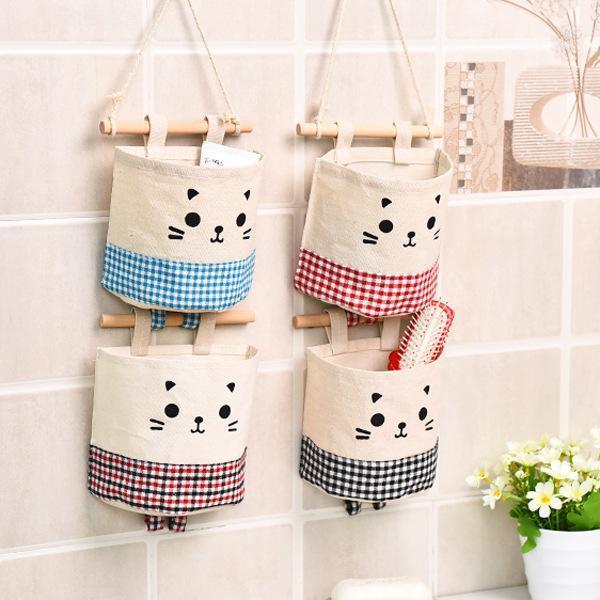 

13.5*15cm Kawaii Cartoon cat Multi-layer fabric Wall Jewelry Organizer Closet Door Storage Bag Hanging Decoration For Home1