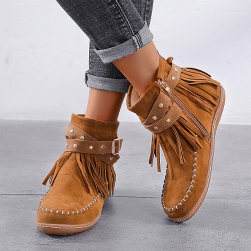 

Women Ankle Boots For Women's Big Size 43 Vintage Tassel Rivet Boots Ladies Sewing Round Toe Flat Female Fashion Zip Solid Shoes1, Apricot