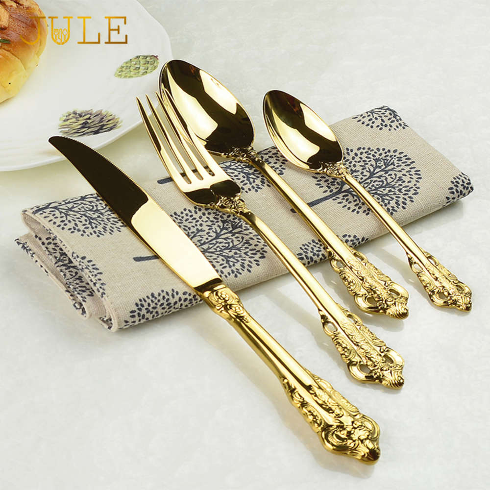 

Vintage Western Gold Plated Cutlery 24pcs Dining Knives Forks Teaspoons Golden Luxury Dinnerware Engraving Tableware Set