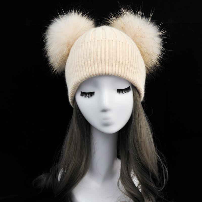 

Women Winter Fashion Fur Pompom Hat for Girls Crochet Beanie Hats for Adults Knitted Wool Double Two Pompon Fur Hat, Dark grey match fur