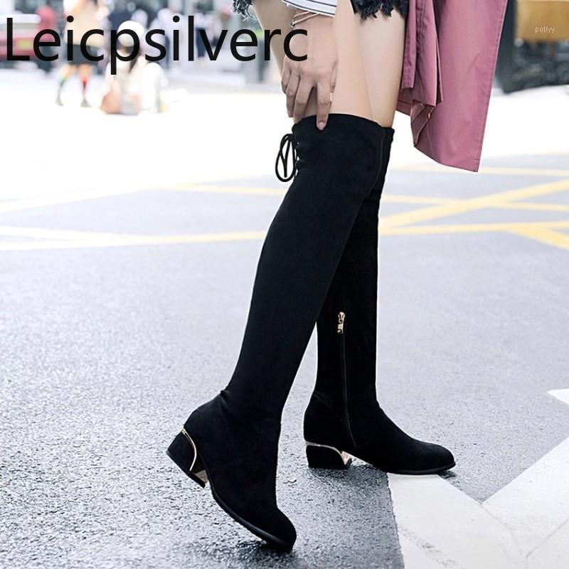 

Women's Boots Autumn And Winter New fashion Round head zipper Lace-up Thick heel Low-heeled Women's Over the knee boots 34-391, Black