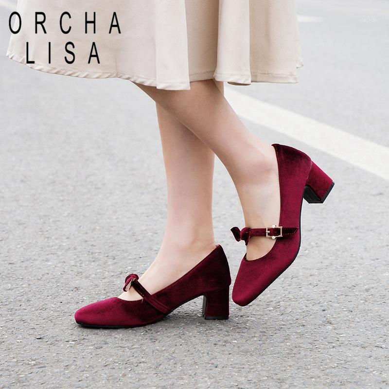 

ORCHA LISA women Mary Janes buckle shoes Faux suede bowtie pumps med heels block heels round toe dress office work shoes size 391, Wine red