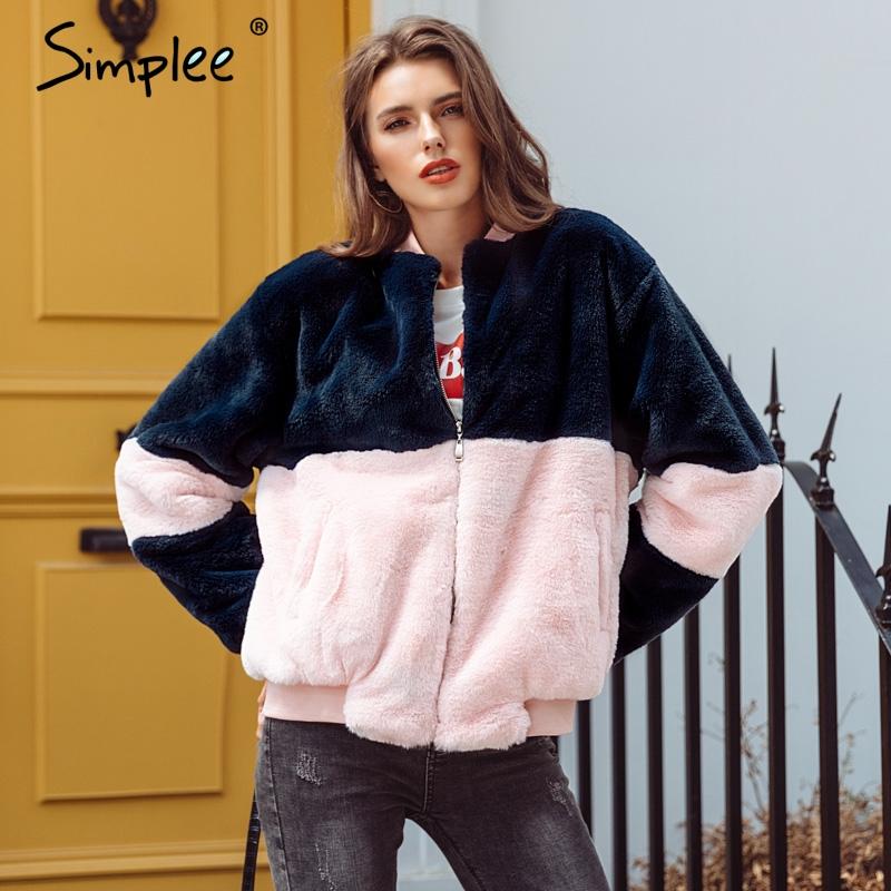 

Simplee Fashion contrast color pink fur coat Women long sleeve warm jacket faux fur thick coat 2020 Winter zipper bomber