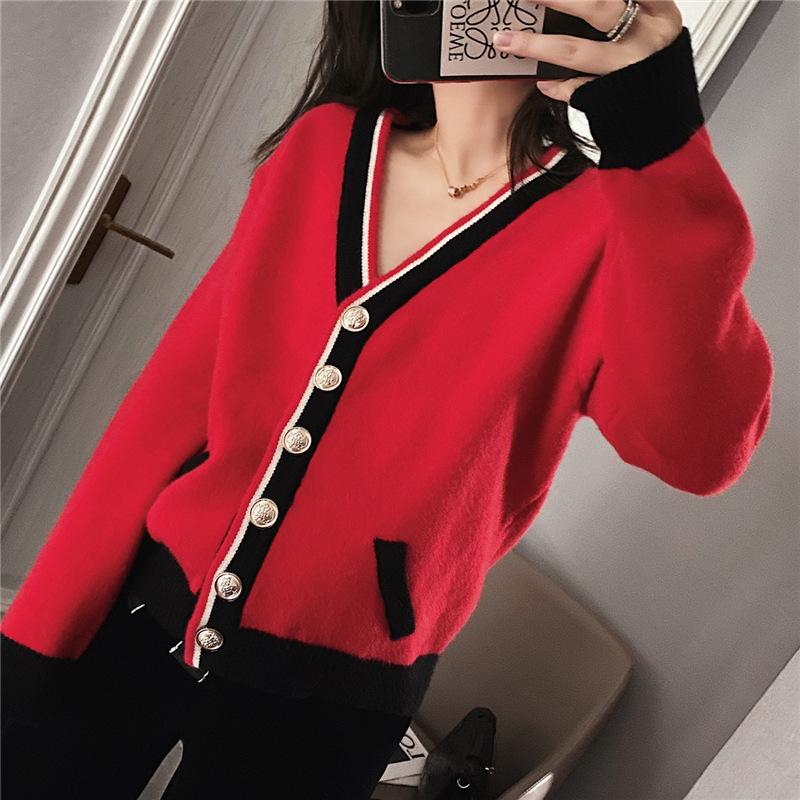 

Cardigan Women Sweaters Korean Tops Knitted 2020 Fall Long Sleeve V-Neck Casual Loose Womens Lugentolo, Red