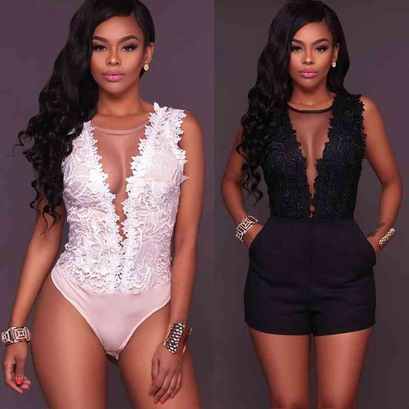 

Sexy Lace Floral Bodysuit Women Summer Sleeveless V Neck Bodycon Bodysuit Jumpsuit Tops Party Wedding Clothing Femme, Black;white