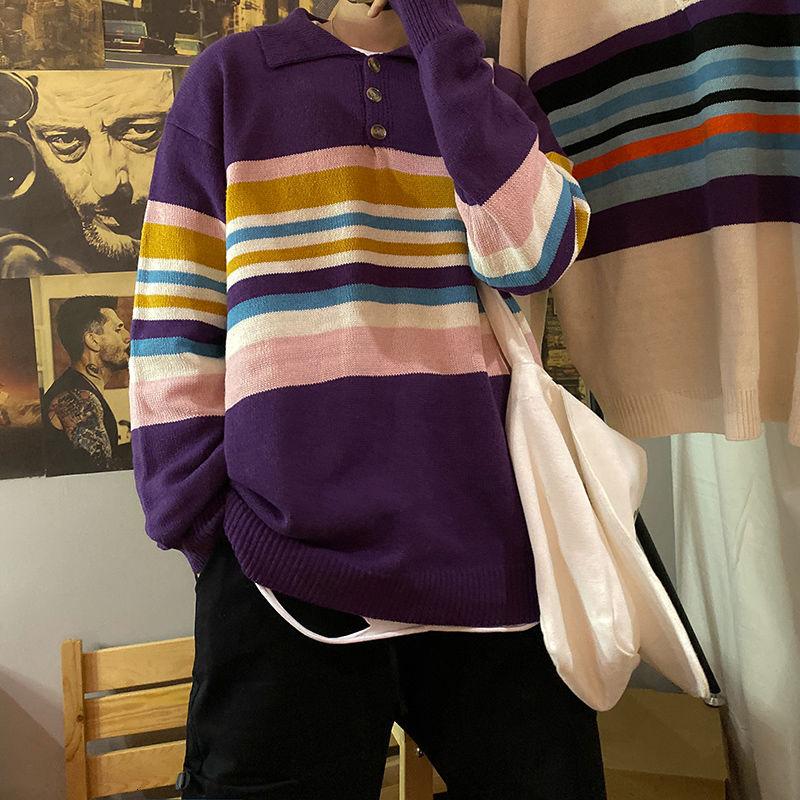 

Korean Lapel Sweater Men Warm Fashion Casual Stripe Knit Pullover Men Loose Autumn Knitting Sweaters Mens Clothes -2XL, Purple