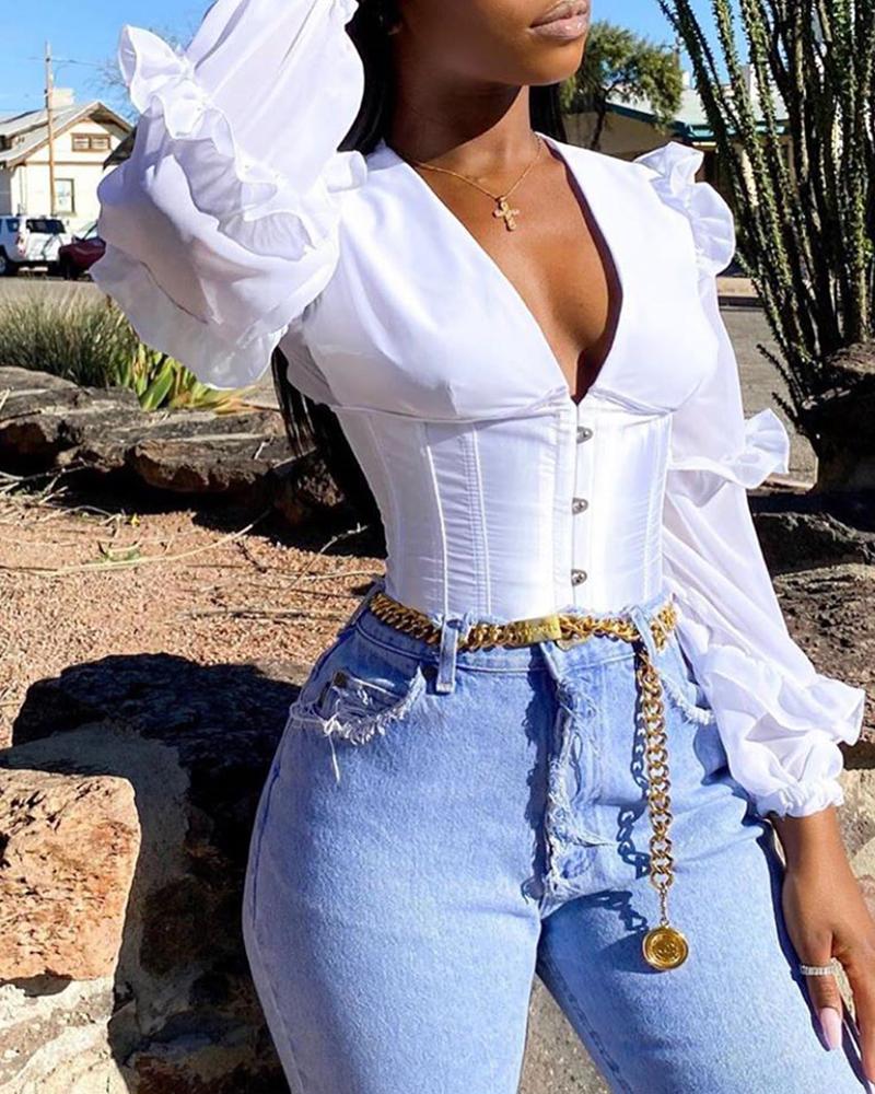 

2020 Women Autumn Spring Chic Elegant Solid Sexy Chic Eyelet Lace-up Frill Hem Backless Top Long Sleeve, Black