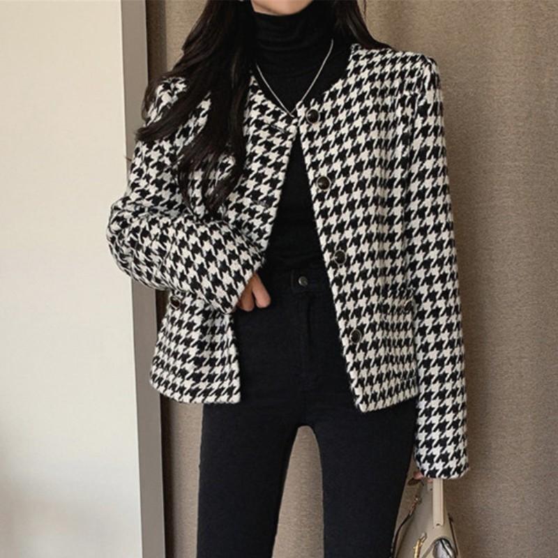 

Plaid Tweed Jackets Women O-Neck Long Sleeve Office Lady Wool Coats Autumn Winter Outwear Vintage Korean Elegant Fashion, Photo color