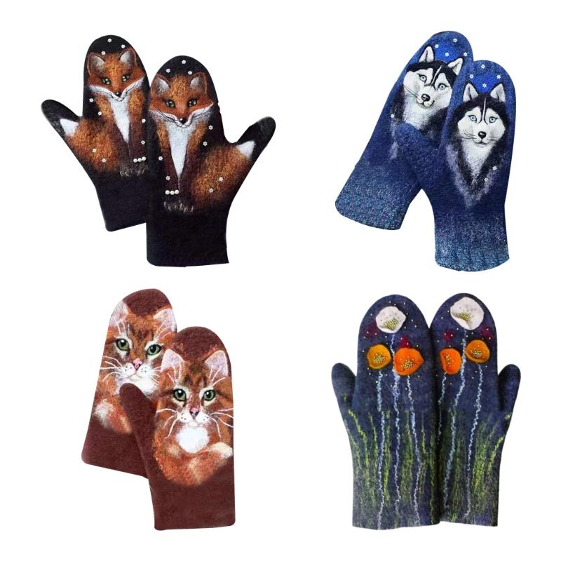 

Women Winter Faux Cashmere Full Finger Gloves Floral Wolf Cat Animal 3D Print Thicken Warm Windproof Thermal Mittens