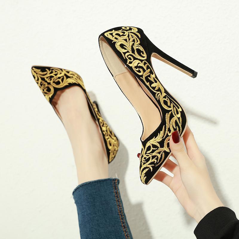 

2020 Summer Women High Heels embroidered Fashion Shallow Pumps Pointed Toe Party Autumn Spring Thin Heels Women 12cm High1, Black