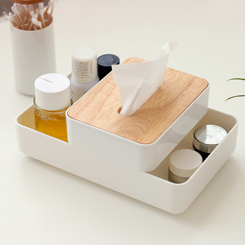 

Japanese style multifunctional cosmetics storage towel tissue box plastic bottom rubber wood cover paper tissue napkin holder