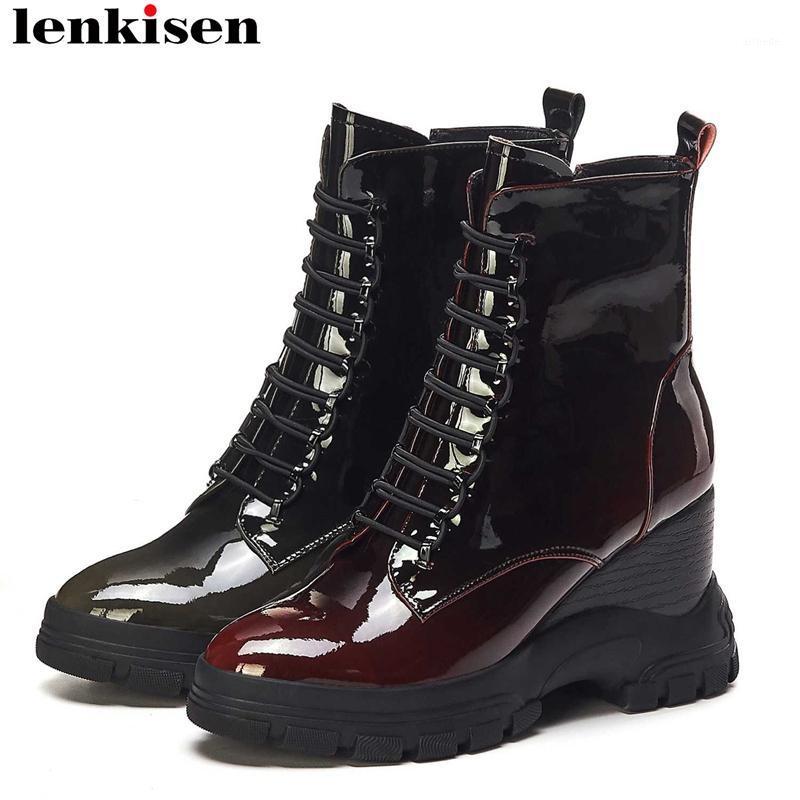 

Lenkisen handsome genuine leather round toe high heels lace up mid-calf boots keep warm platform retro women winter shoes L391, Gun color