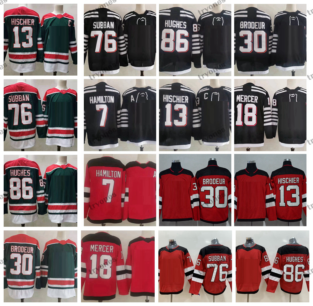 

2021 Reverse Retro Green Hockey Jerseys Alternate Black 86 Jack Hughes 13 Nico Hischier 30 Martin Brodeur 7 Dougie Hamilton New Mens Jersey Red, Green 30