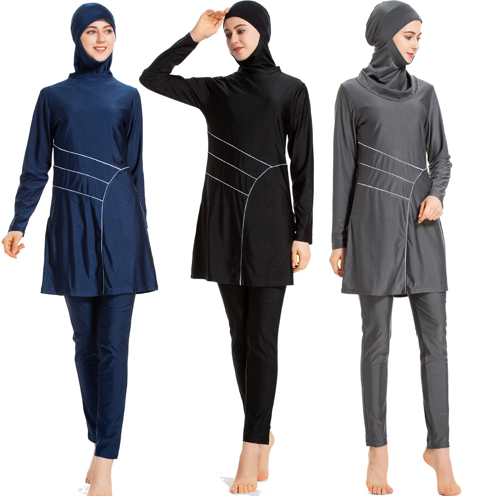 

Islamic Women Muslim Swimwear Burkini Hooded Hijab Swimsuit Modest Swim Surf Wear Sport Full Suit for Swimming 3 Piece sets 2020, White