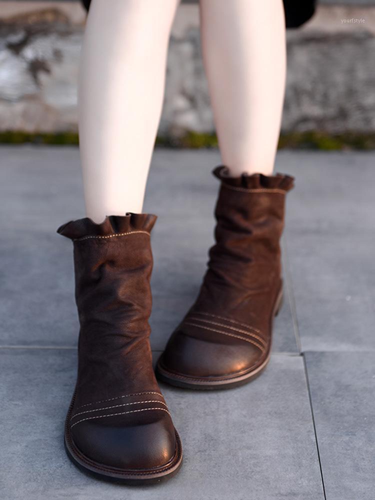 

Artmu Original Vintage Ankle Boots Handmade Girls Flat Heels Boots Ruffles Shoes Short New Leather Women's Fashion1, Brown leather inner