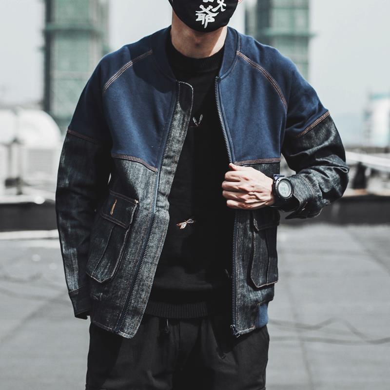 

2020 New Fashion Autumn Stitched Denim Jacket Men Lapel Pockets Loose Casual Japanese Style, Blue