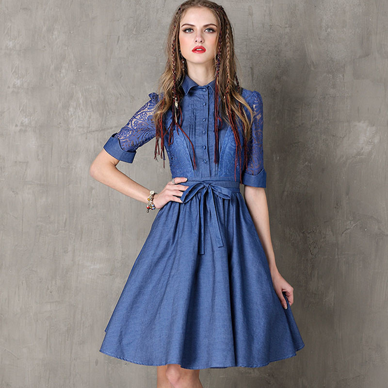 

Fall 2020 New Dress, Female Denim, Retro Lace, Dress. Aqf5, Blue
