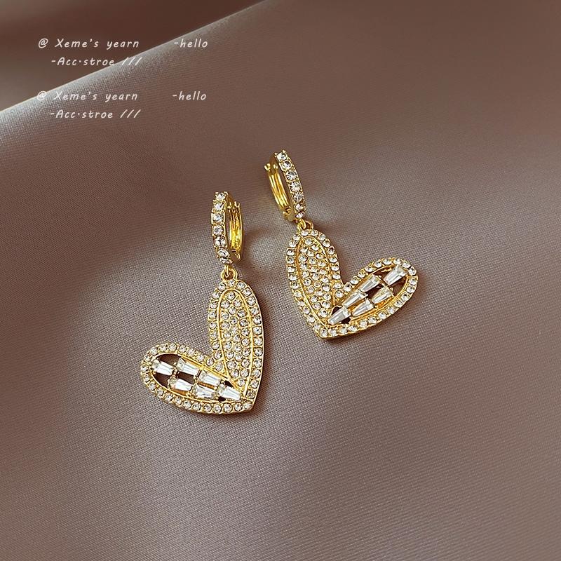 

Dangle & Chandelier Shiny Sweet Rhinestone Inlaid Golden Peach Heart Pendant Earrings Korean Fashion Jewelry Girls Exaggerated For Woman, Silver