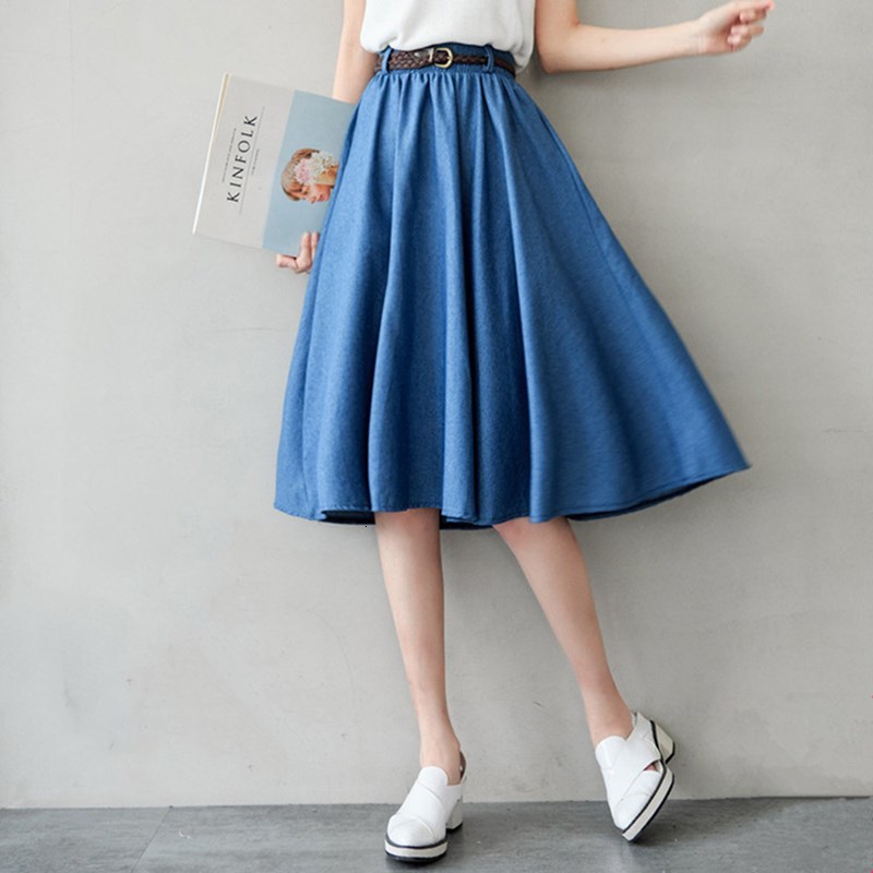 

2021 New Winter Women Office Pleated Elastic Waist Blue Female Autumn Ladies High Quality Midi Skirt Saia Pe1s, Deep blue