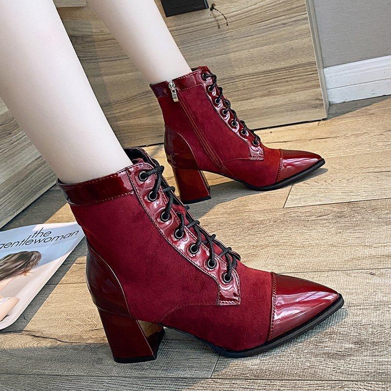

Cross Band Lace-up Sewing Ankle Boots for Women High Heels Square Heel Tube Fashion Short Boots Women Shoes Spring Zipper 2021, Black