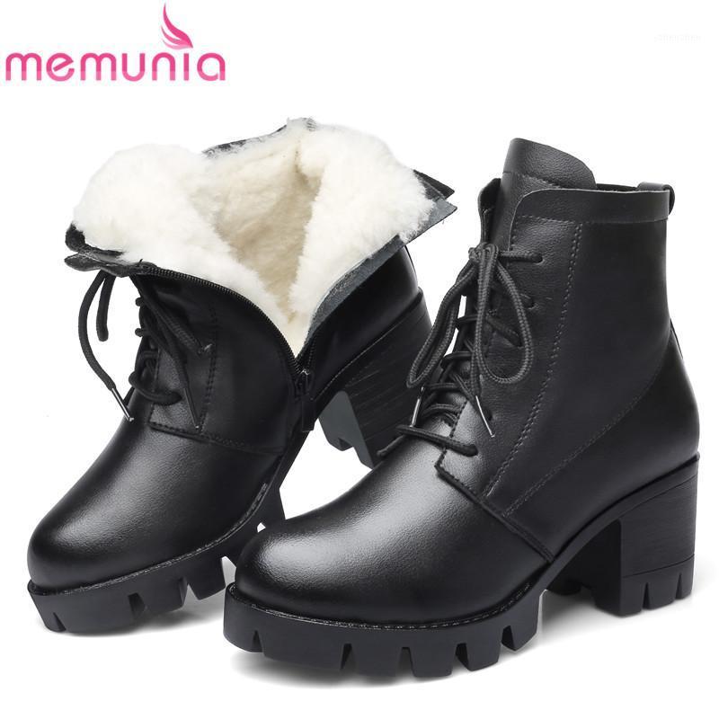 

Boots MEMUNIA 2021 Vintage Genuine Leather Ankle Women Round Toe Square Heels Platform Shoes Top Quality Wool Snow Female1, Black