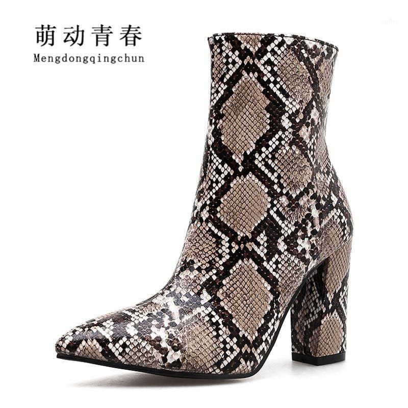 

Fashion Europe Brand Women Zipper Boots Sexy Snake Print Women Ankle Boots Chunky High Heeled Pointed Toe Winter Botas Mujer1