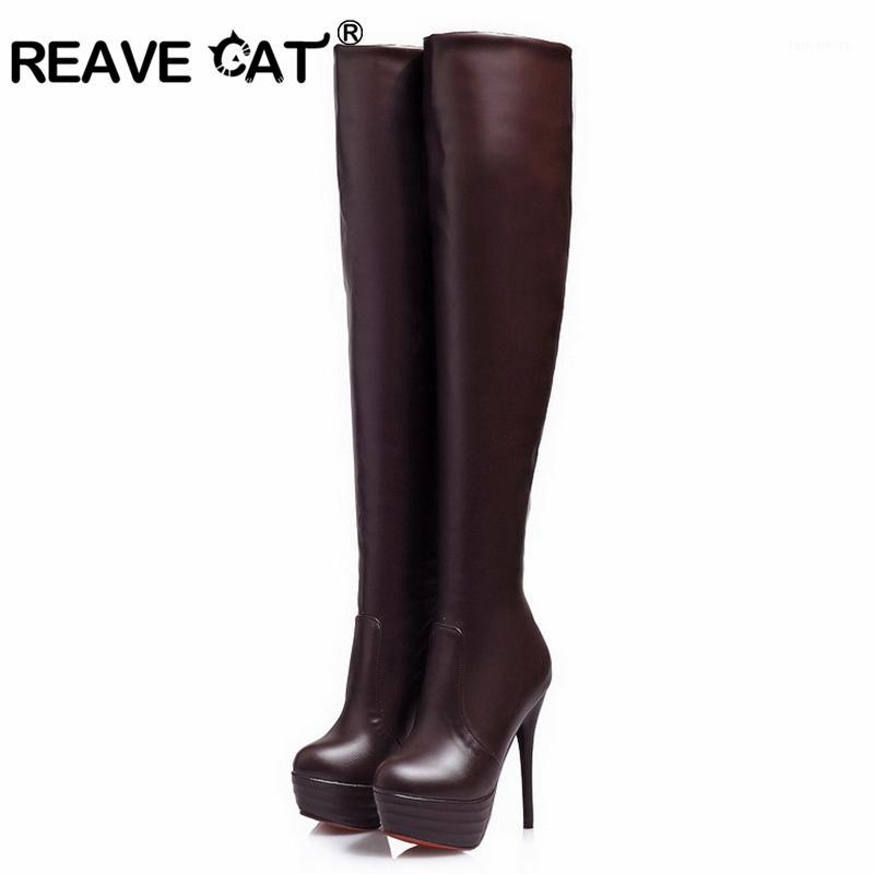 

REAVE CAT Over the knee Shoes woman Long high boots Top quality Thin heel PU Autumn winter Warm Super High heel Platforms A8541, Black