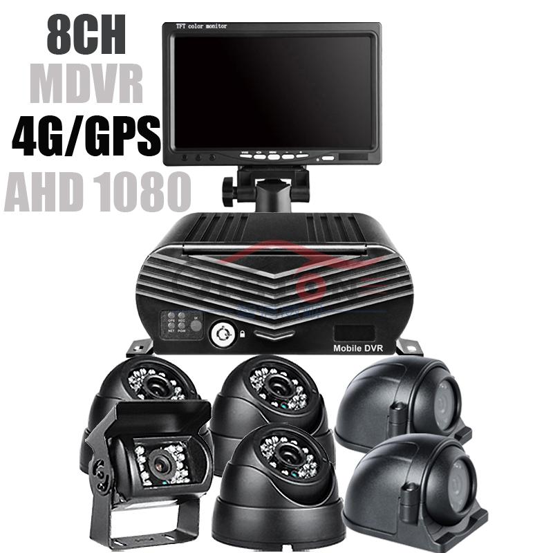

6Pcs 2.0MP Truck Cameras, 4G LTE 8 Channel AHD 1080 Hard Disk Car Mobile DVR Kit GPS Record Remote Monitor with 7 Inch Display