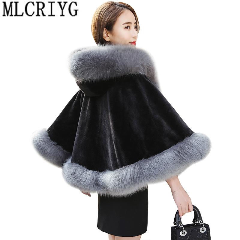 

MLCRIYG New 2020 Faux Fur Coat Short Hooded Overcoat Female Loose Warm Elegant Cloak Shawl Jacket Outwear Abrigos Mujer LX299, Wine red