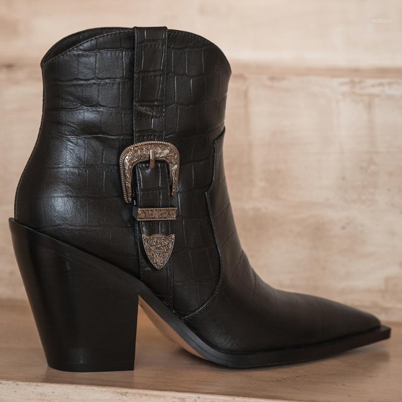 

Women's genuine leather thick high heel autumn ankle boots metal buckle retro warm plush winter punk short booties casual shoes1, Black