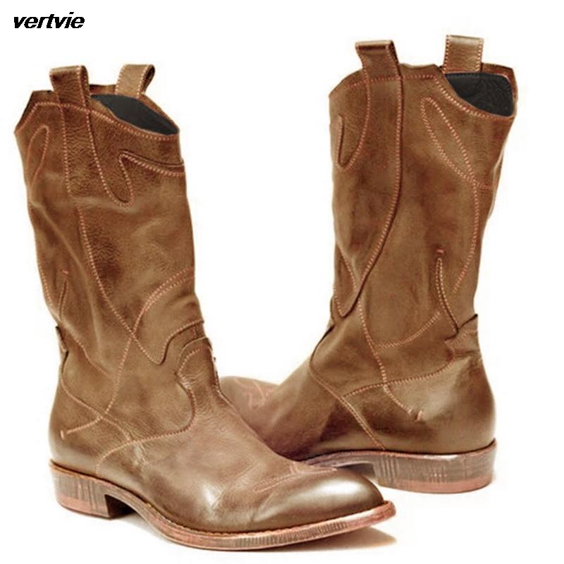 

vertvie Women Western Boots Winter Mid Tube Knight Lady Retro Rome Slip-On Low Heel Leather Shoes Wide Calf Cowboy botas Mujer, Brown
