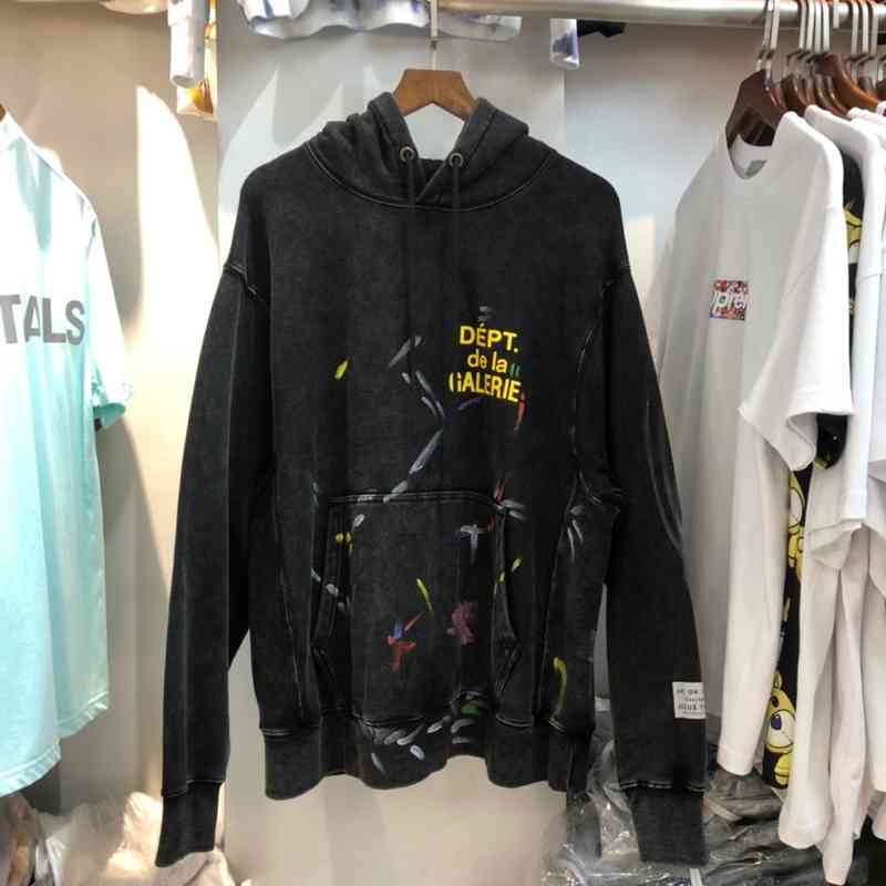 

Ins Chao brand fireworks hand-painted splash ink graffiti dept printed loose hooded used men's and women's Terry sweater jacket, Black