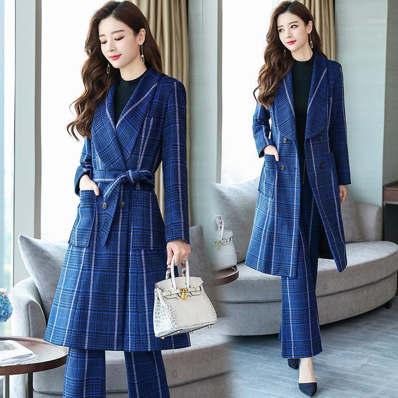 

Women's Office Work Wear Suit Women Autumn Winter Striped Plaid Trench Coat and Wide Leg Pants 2 Piece Set Formal Trouser Suits1, Blue