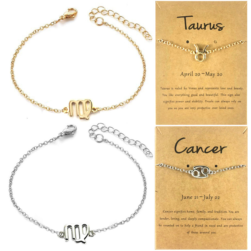 

Fashion 12 Constellations Zodiac Pattern Bracelets with Card Alloy Golden Horoscope Charm Bracelet for Women Jewelry Gift