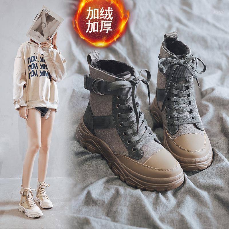 

2020 New Women Winter Boots Plus Velvet Warm Women Fashion Platform Shoes Retro High-top Casual Boots Botas Mujer M5601, Beige