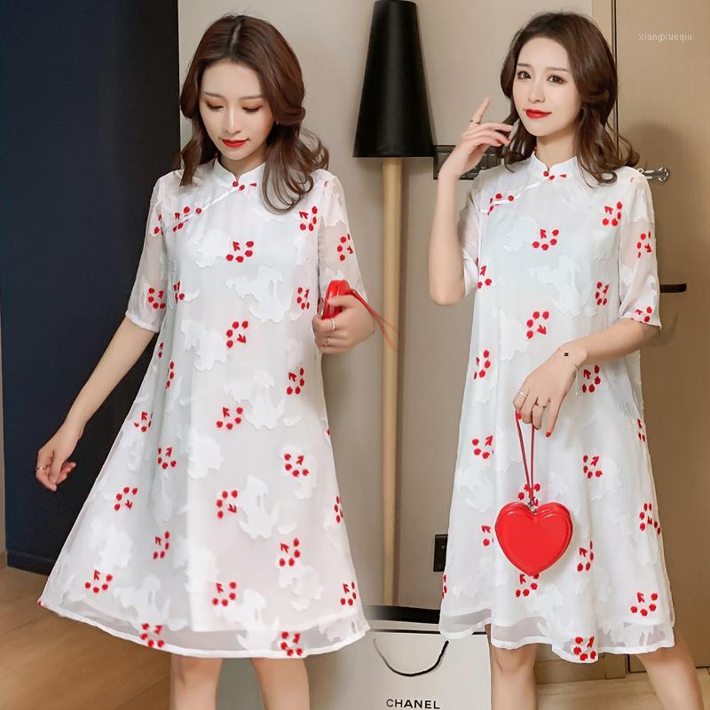 

6647# Maternity Dress Summer Chiffon embroidery Short Sleeve Loose Stylish Dress for Pregnant Women Mom1, White