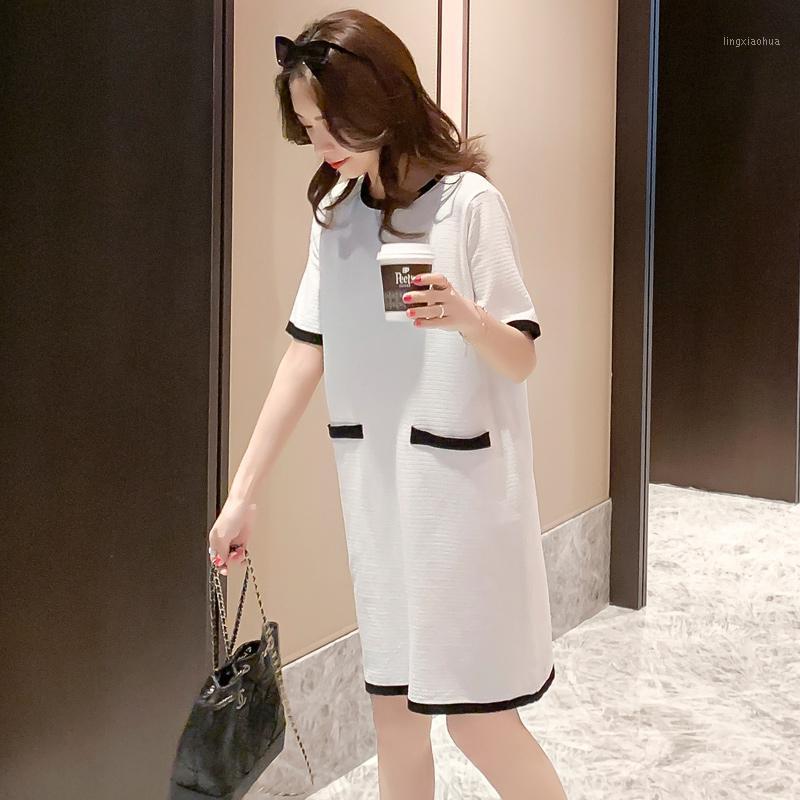 

Summer Loose Pregnant Women Knitted Dress Short Sleeve O-Neck Office Lady Clothes Block Color Patchwork Maternity Straight Dress1, Black