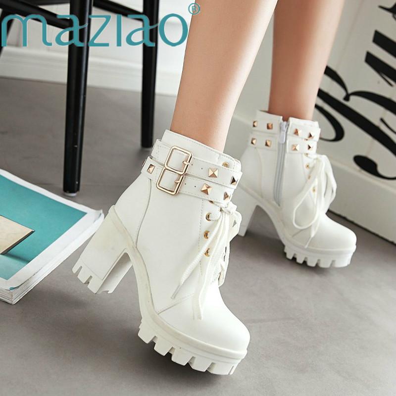 

Women's Pu Ankle Boots Platform Sqaure High Heels Zipper Round Toe Winter Ladies Boots Drop Shipping White Black