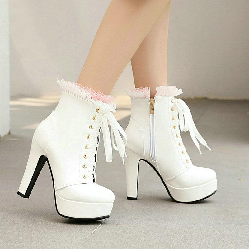 

Black Pink White Red PU Leather Women Ankle Boots Platform Square Heel Ladies Short Boots Cross Tied Women Autumn Winter Shoes